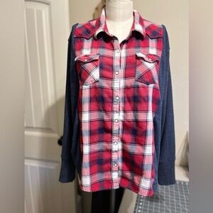 Upcycled button down flannel with sweater sleeve